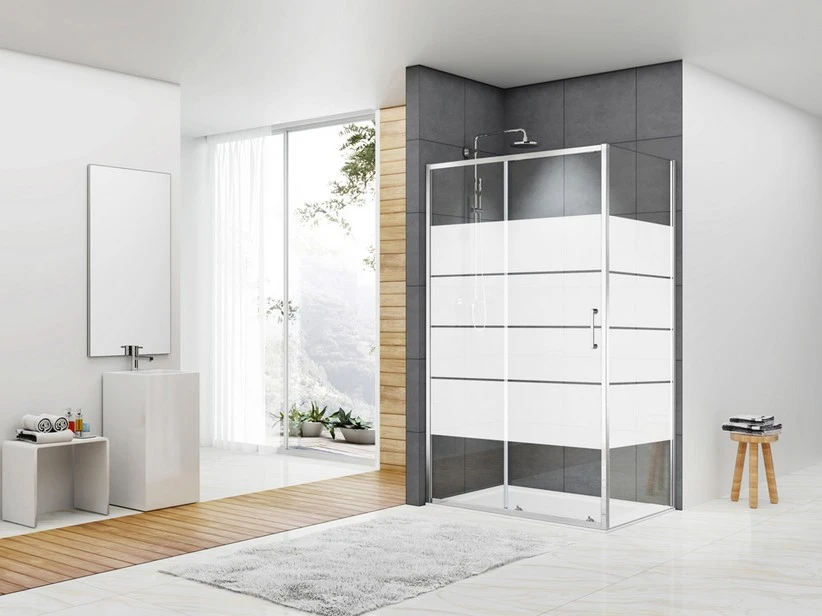 Box Doccia Angolare Arek 100x90 H190 Porta Scorrevole Cristallo 6 Mm Trasparente Serigrafato Con Piatto Doccia Arek Incluso