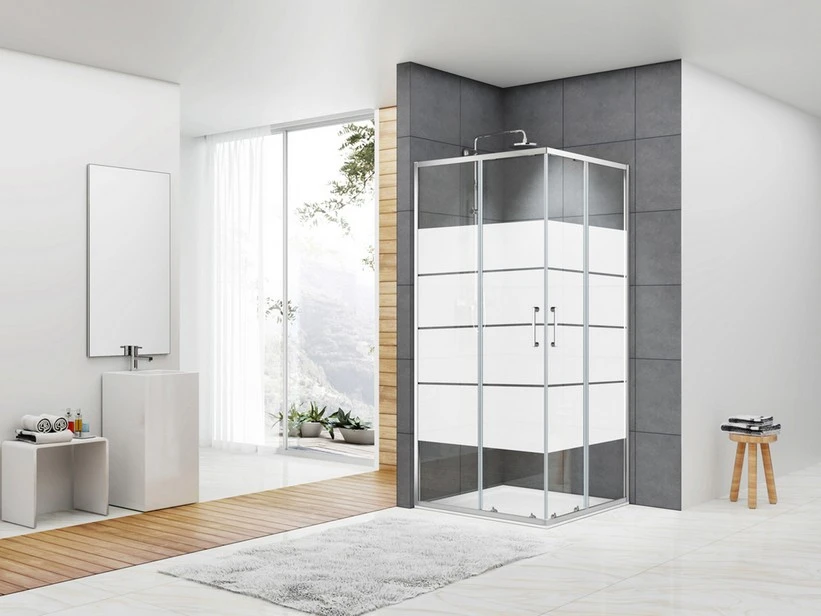 Box Doccia Angolare Arek 75x75 H190 Porte Scorrevoli Cristallo 6 Mm Trasparente Serigrafato Cromo