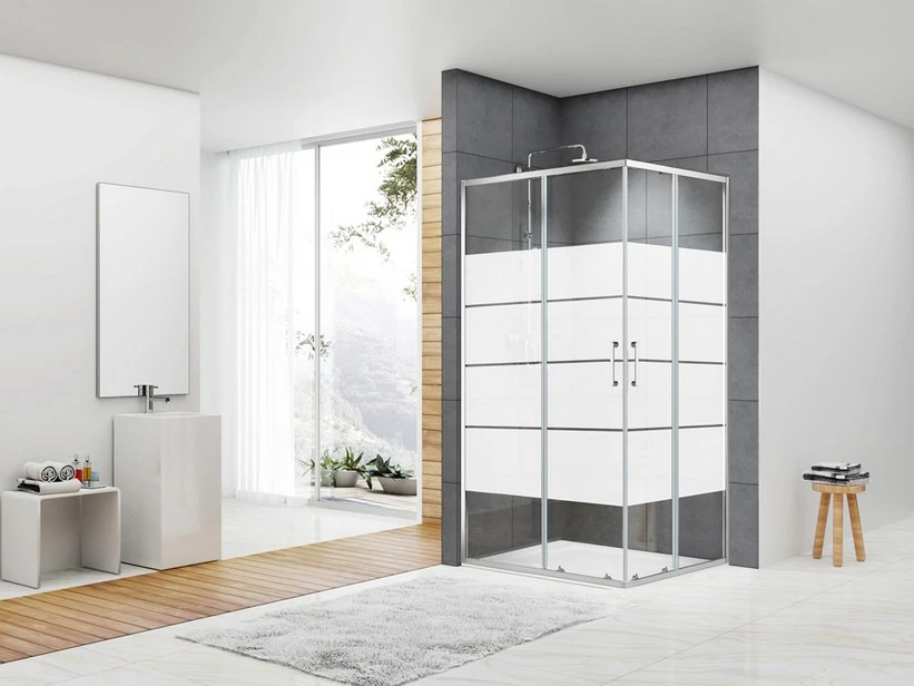 Box Doccia Angolare Arek 70x90 H190 Porte Scorrevoli Cristallo 6 Mm Trasparente Serigrafato Cromo