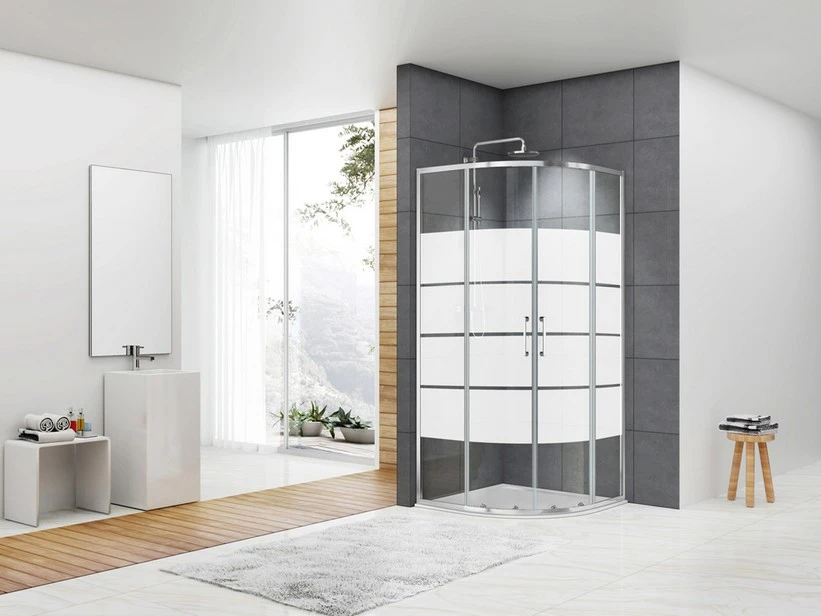 Box Doccia Angolare Semicircolare Arek 80x80 H190 Porte Scorrevoli Cristallo 6 Mm Serigrafato Cromo