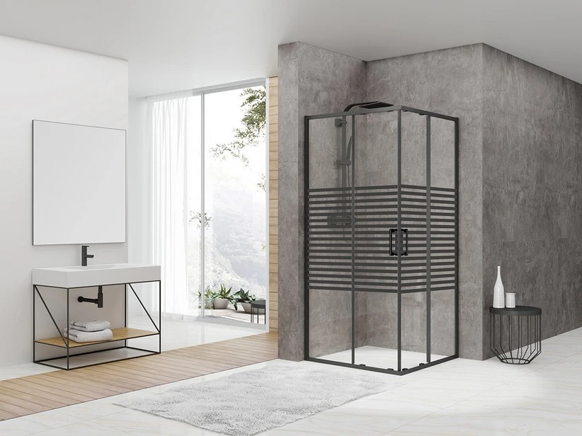 Box Doccia Angolare Arek 90x90 H190 Porte Scorrevoli Cristallo 6 Mm Trasparente Serigrafato Nero Opaco