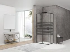 Box Doccia Angolare Arek 80x120 H190 Porte Scorrevoli Cristallo 6 Mm Trasparente Serigrafato Nero Opaco