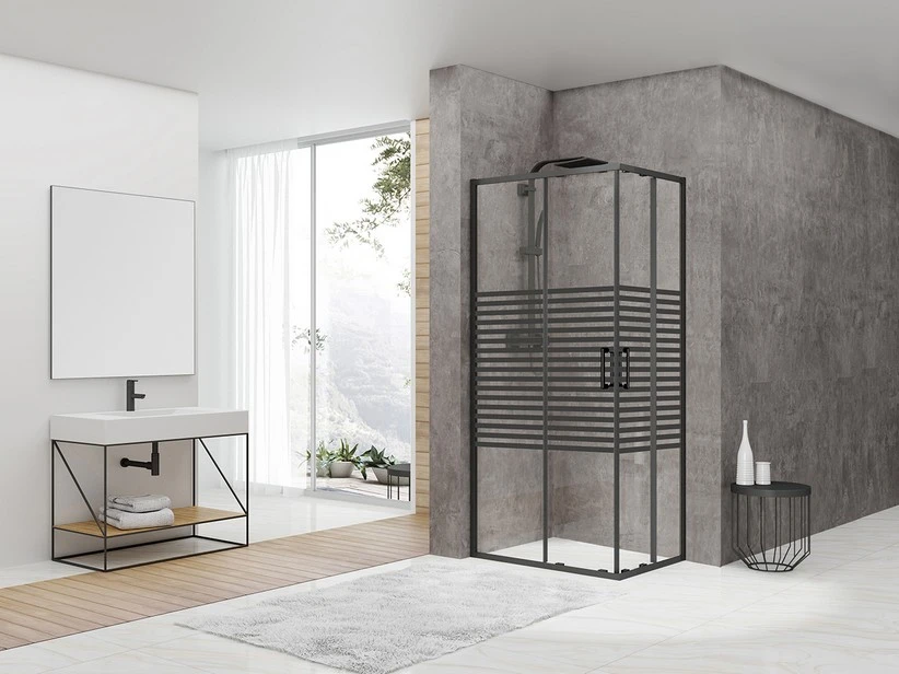 Box Doccia Angolare Arek 70x100 H190 Porte Scorrevoli Cristallo 6 Mm Trasparente Serigrafato Nero Opaco