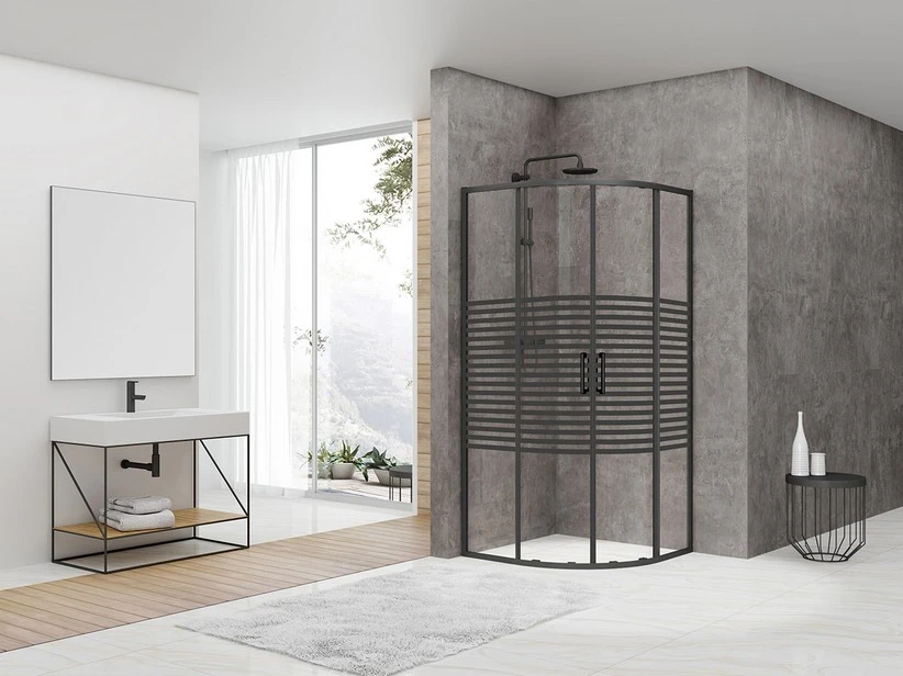 Box Doccia Angolare Semicircolare Arek 80x80 H190 Porte Scorrevoli Cristallo 6 Mm Trasparente Serigrafato Nero Opaco