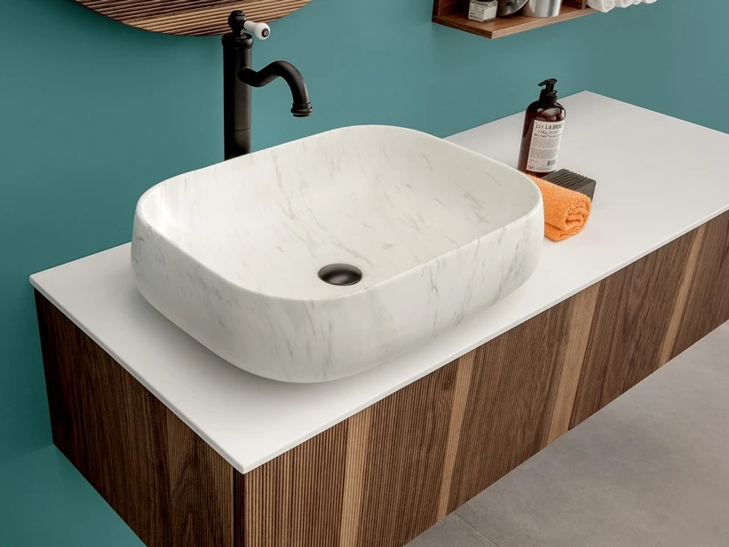 Lavabo Da Appoggio Arno 56X42Xh14,5 In Ceramica Effetto Marmo Statuario