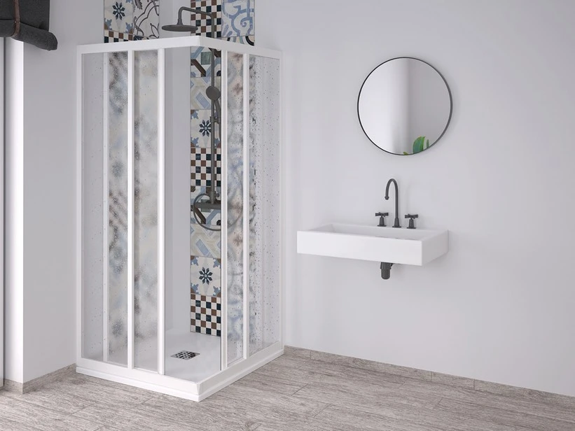 Box Doccia Angolare Skill 2 Ante Scorrevoli 75x90 Cm Acrilico Semitrasparente Effetto Bagnato Bianco Pastello