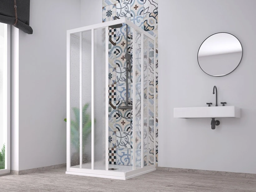 Box Doccia Skill 2 Ante Scorrevoli E Lato Fisso 80x80x80 Cm Acrilico Semitrasparente Effetto Bagnato Bianco Pastello