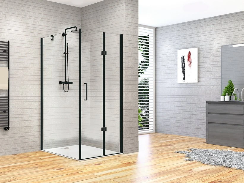 Box Doccia Angolare Fantasy2 80x80 H192 Porta Pieghevole E Lato Fisso Cristallo 6 Mm Trasparente Nero Opaco