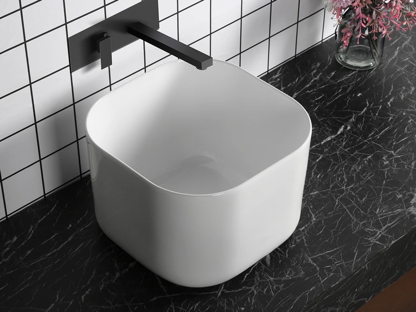 Lavabo Da Appoggio Alto Conca 40,5x40,50 H28 In Ceramica Bianco Lucido