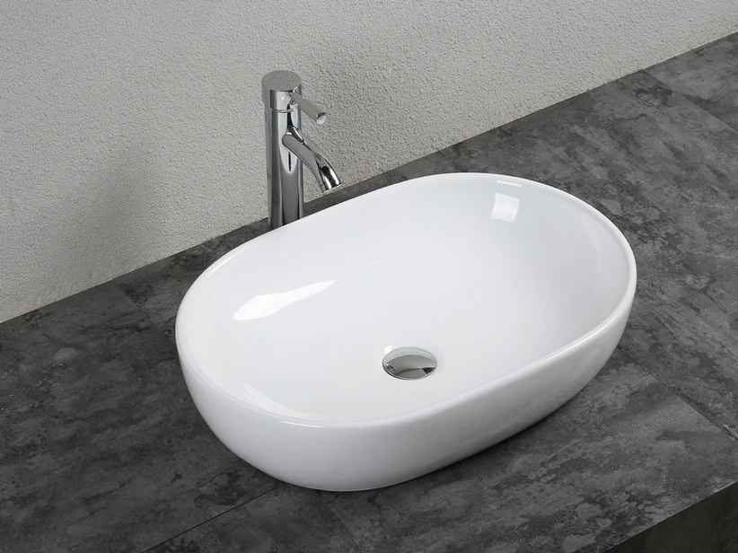 Lavabo Da Appoggio Ticino 60x42 H14 In Ceramica Bianco Lucido