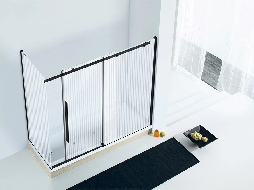 Box Sopravasca Velo Cm 170x80 H150 Porta Scorrevole Destra Cristallo Serigrafato Profili Nero Opaco