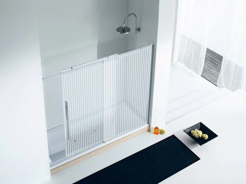 Porta Sopravasca Velo Cm 170 H150 Anta Scorrevole Destra Cristallo Serigrafato Profili Cromo