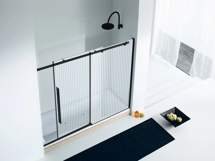 Porta Sopravasca Velo Cm 170 H150 Anta Scorrevole Destra Cristallo Serigrafato Profili Nero Opaco